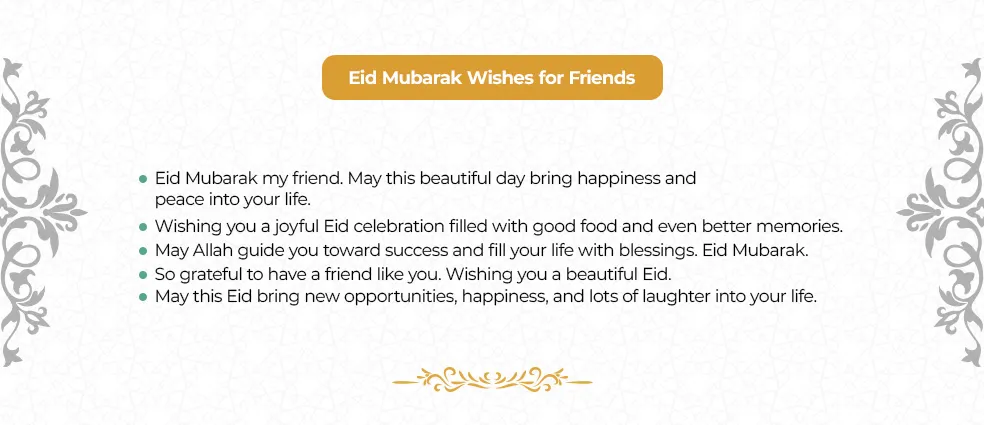 Heartfelt Eid Mubarak wishes for close friends, celebrating friendship, joy, and blessings