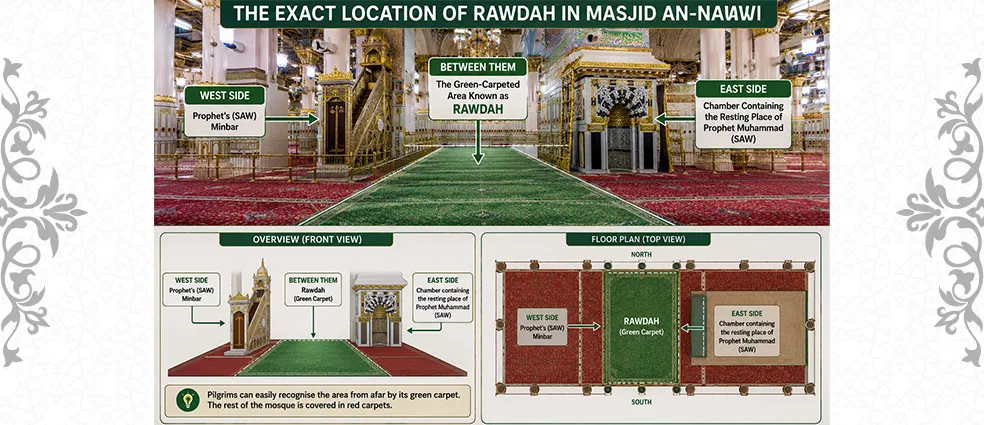 Exact location of Rawdah in Masjid an-Nabawi between the Prophet Muhammad's ﷺ chamber and the minbar in Madinah