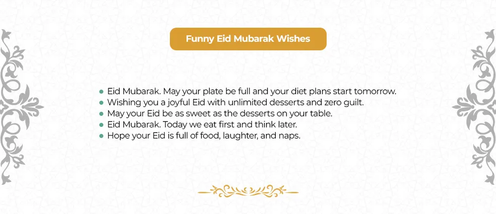 Funny and playful Eid Mubarak wishes, celebrating food, laughter, and joy during Eid