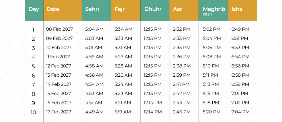 Ramadan 2027 calendar UK Sehri and Iftar timetable showing first 10 days fasting schedule with daily prayer timings