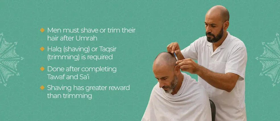 Male pilgrim shaving and trimming hair after completing Umrah rituals
