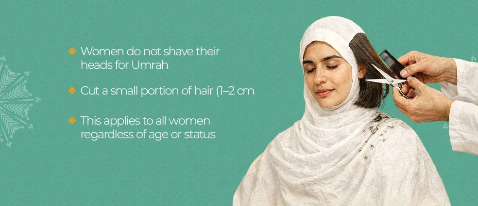 Woman trimming a small portion of hair after completing Umrah