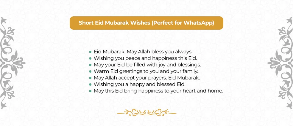 Short Eid Mubarak wishes and quick Eid messages perfect for WhatsApp greetings