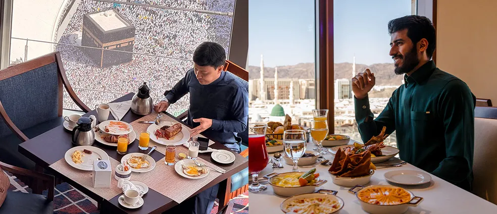 Umrah meals cost from UK 2026 showing budget mid range and premium meal plans with Ziyarat tours included